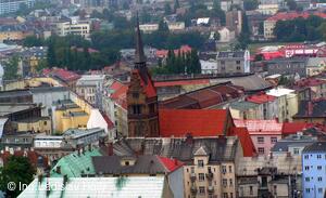 Nová radnice - pohled z vyhlídkové věže, Evangelický kostel, Ostrava